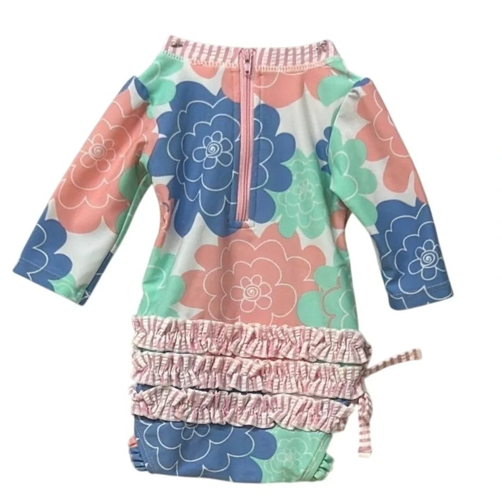 Ruffle Butts Baby‎ Girls Rash Guard Swimsuit Long Sleeve Floral Print Size 0-3M
